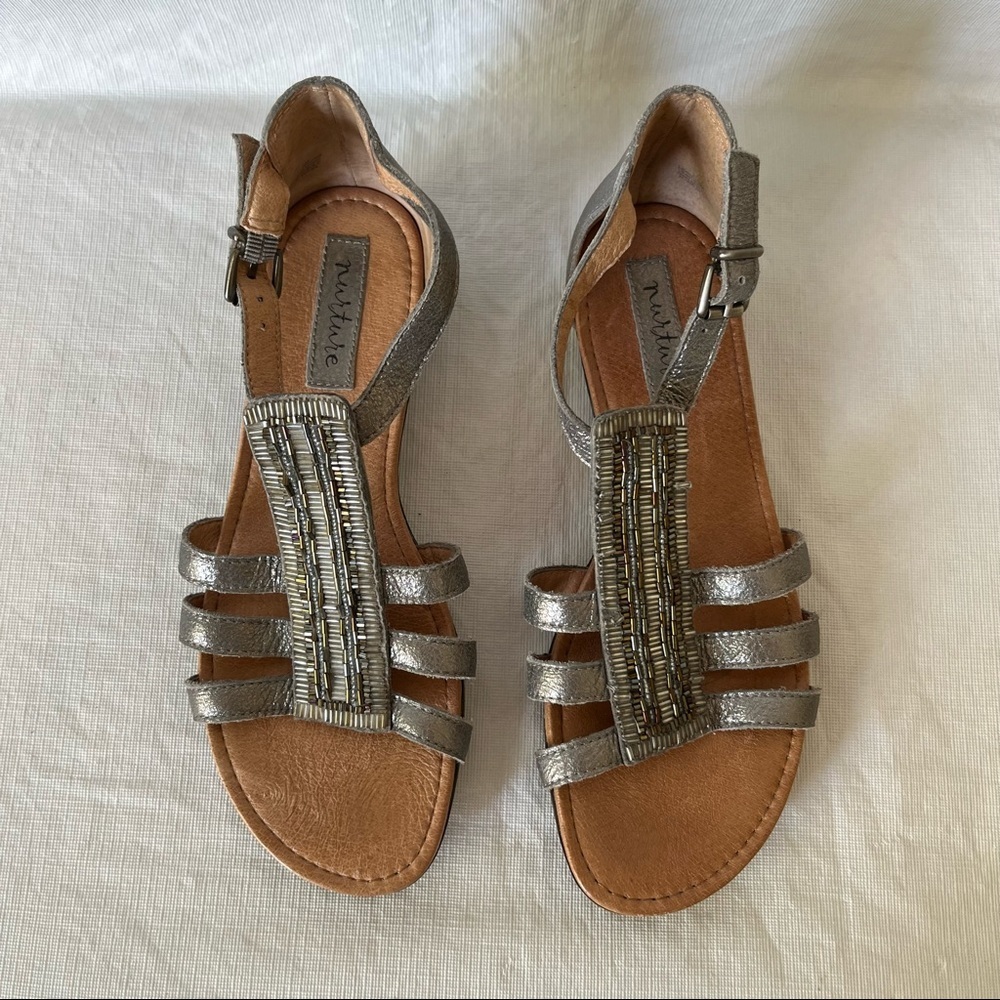 Nurture Leather Beaded Grey Metallic Gladiator Sandals